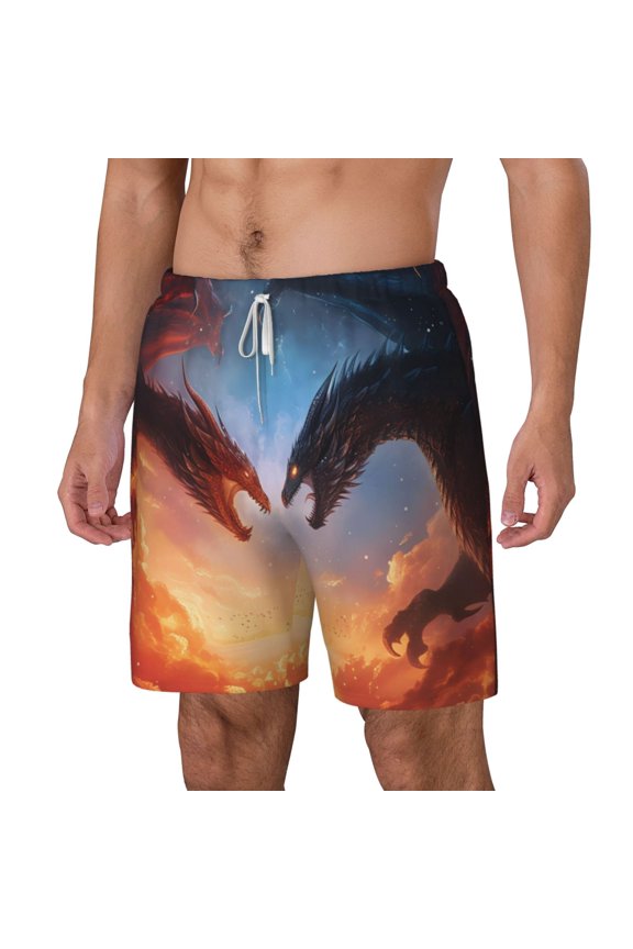 Red And Blue Fire Cloud Dragon pattern Mens Swim Trunks with Compression Liner Stretch Beach Shorts Quick Dry with Zipper Pockets No-Chafing Board Shorts-Medium