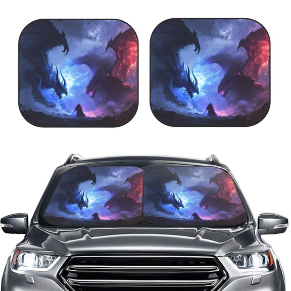 Picia Red And Blue Fire Dragon 2 Piece Car Windshield Sun Shade Foldable | Foldable Sun Shield for Front Window Blocks UV Rays and Keeps Your Vehicle Cool-Medium