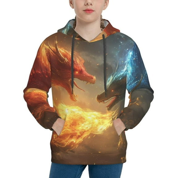 Picia Red And Blue Fire Dragon B Pattern Youth Hoodie - Warm Pullover Sweatshirt with Kangaroo Pocket, Ideal for Boys and Girls-Medium