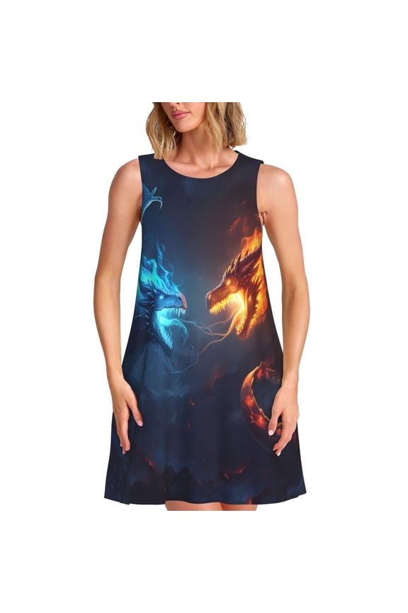 Red And Blue Fire Dragon C Print Women’s Sleeveless Midi Swing Dress – A-Line Pleated Tank Sundress, Comfortable and Flowy T-Shirt Dress