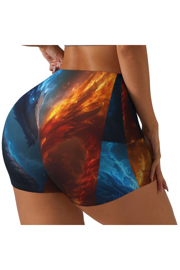 Red And Blue Fire Dragon E Printed Workout Shorts for Women Seamless Scrunch Butt Lifting High Waisted Yoga Gym Booty Running Moisture-wicking Short Pants-Medium