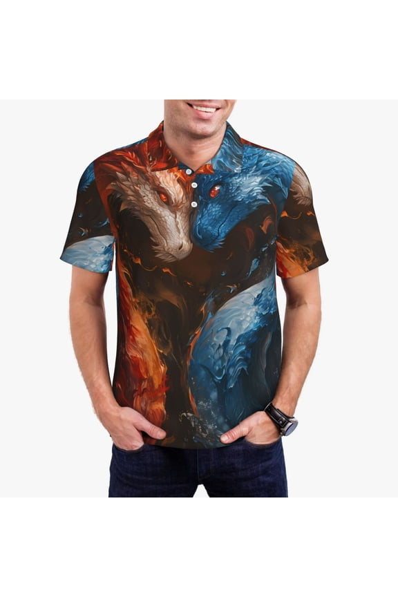 Red And Blue Fire Dragon F Print Men's Polo Shirt, Two-Button Closure Pique Polo Shirt, Summer Fashion Golf Shirt-X-Large