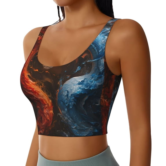 Picia Red And Blue Fire Dragon F Sports Bra for Women,Padded Strappy Sports Bras Medium Support Yoga Bra with Removable Cups,Running Yoga Bra-X-Large