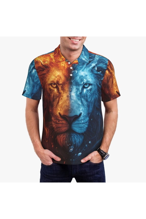 Red And Blue Fire Lion Print Men's Polo Shirt, Two-Button Closure Pique Polo Shirt, Summer Fashion Golf Shirt-XX-Large