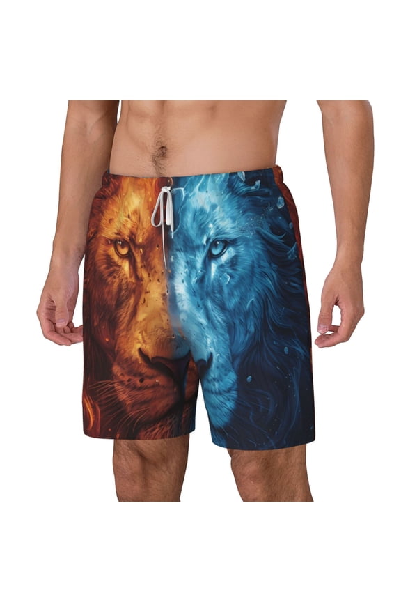Red And Blue Fire Lion pattern Mens Swim Trunks with Compression Liner Stretch Beach Shorts Quick Dry with Zipper Pockets No-Chafing Board Shorts-Medium