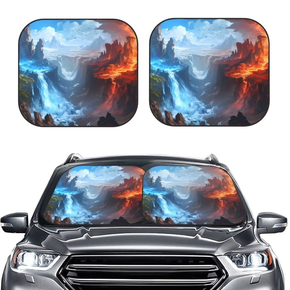 Picia Red And Blue Fire Mountains 2 Piece Car Windshield Sun Shade Foldable | Foldable Sun Shield for Front Window Blocks UV Rays and Keeps Your Vehicle Cool-Small