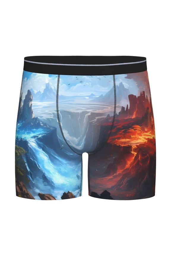 Red And Blue Fire Mountains Pattern Men's Athletic Long Leg Briefs , Performance Stretch Underwear,Moisture-Wicking