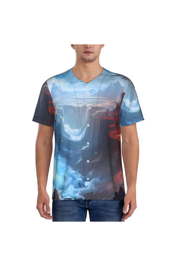 Red And Blue Fire Mountains Pattern Mens Polo Shirts Quick Dry Short Sleeve Golf T Shirt Performance Moisture Wicking Casual Workout Baseball T-shirt-4X-Large