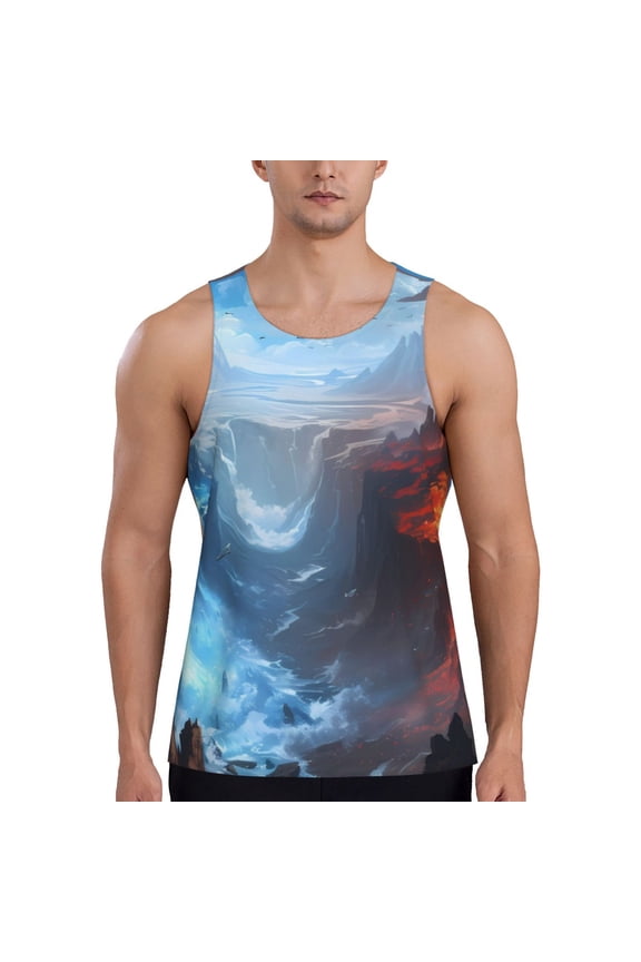Red And Blue Fire Mountains Printed Men’s Performance Tank, Men's Workout Tank Top Moisture-Wicking Tank Top Muscle tee, Breathable Workout Shirt-Small