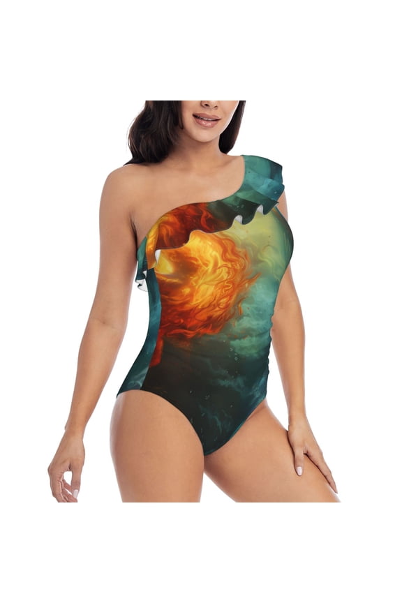 Red And Blue Fire Peacock Pattern Women's One Piece Swimsuits,One Shoulder Swimwear Asymmetric ,Ruffle Monokinis Bathing Suits,High Waisted Flattering Bathing Suits-Small