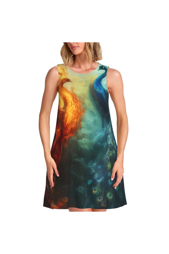 Red And Blue Fire Peacock Print Women’s Sleeveless Midi Swing Dress – A-Line Pleated Tank Sundress, Comfortable and Flowy T-Shirt Dress