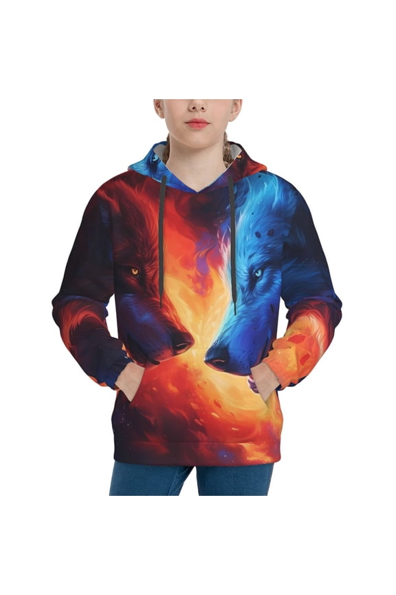 Red And Blue Fire Wolf Pattern Youth Hoodie - Warm Pullover Sweatshirt with Kangaroo Pocket, Ideal for Boys and Girls-Medium