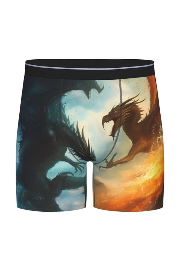 Red And Blue Flame Wave Dragon Pattern Men's Athletic Long Leg Briefs , Performance Stretch Underwear,Moisture-Wicking