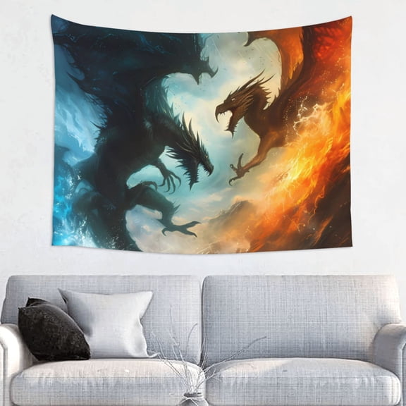 Picia Red And Blue Flame Wave Dragon Pattern Tapestry-Tapestries for Bedroom Living Room Dorm(29x37")