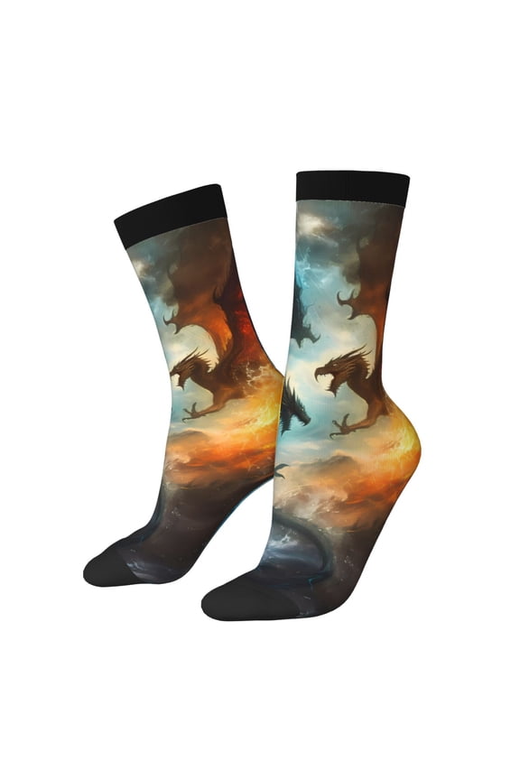 Red And Blue Flame Wave Dragon Print Athletic Socks for Men & Women – Cushioned Moisture-Wicking Crew Socks for Sports, Running, and Training, Soft & Breathable Size 5-11
