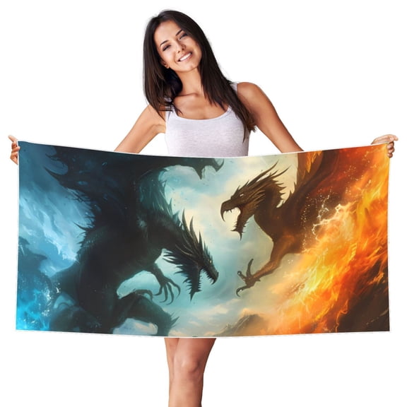 Picia Red And Blue Flame Wave Dragon Print Silver Fox Velvet Beach Towel,Quick-Dry Beach Towel,Lightweight Travel Towel,Portable Beach Towels