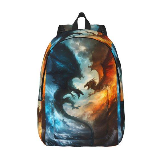 Picia Red And Blue Flame Wave Dragon Printed Canvas Daypack - Stylish and Durable Vintage Compact Backpack - Class, Work, Travel, or Laptop Bookbag,Organized Compartments-Medium