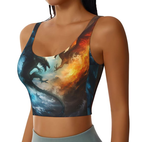 Picia Red And Blue Flame Wave Dragon Sports Bra for Women,Padded Strappy Sports Bras Medium Support Yoga Bra with Removable Cups,Running Yoga Bra-Medium