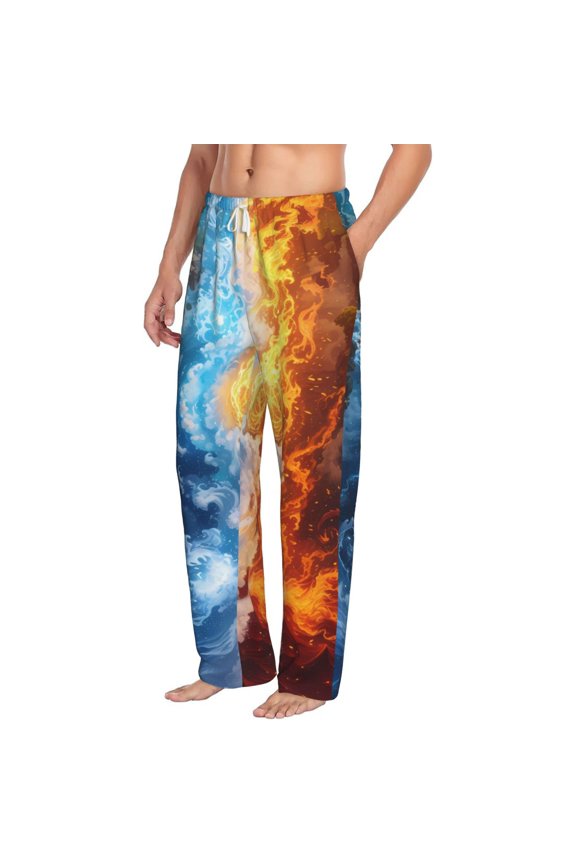 Red And Blue Flame Waves Mens Soft Woven Cotton Elastic Waistband Sleep Pajama Pant Lounge Sleep Pant With Pockets And Drawstring-Large