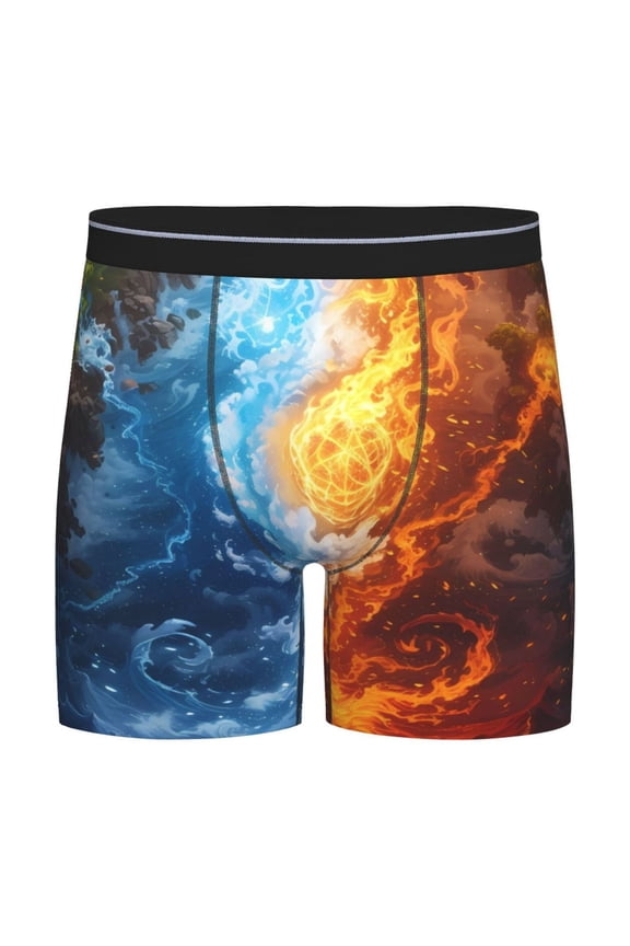 Red And Blue Flame Waves Pattern Men's Athletic Long Leg Briefs , Performance Stretch Underwear,Moisture-Wicking