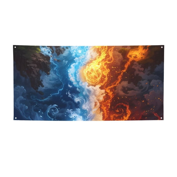 Picia Red And Blue Flame Waves Pattern Party Banner, Festive Decoration, Holiday Banner, Celebration Decor, Event Banner, Reusable Party Banner-Medium