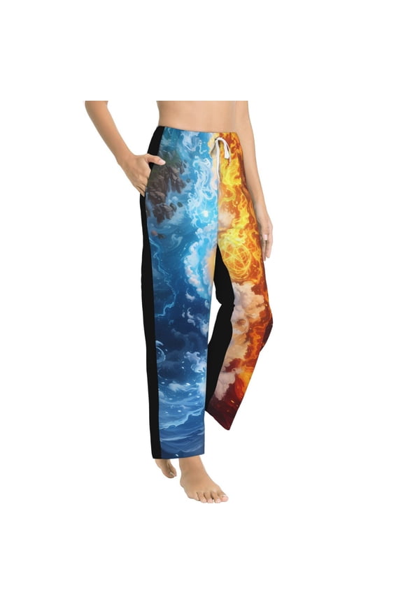 Red And Blue Flame Waves Womens Soft Woven Cotton Elastic Waistband Sleep Pajama Pant Lounge Sleep Pant With Pockets And Drawstring-Small