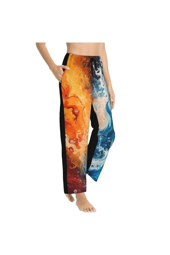 Red And Blue Waves Womens Soft Woven Cotton Elastic Waistband Sleep Pajama Pant Lounge Sleep Pant With Pockets And Drawstring-Small