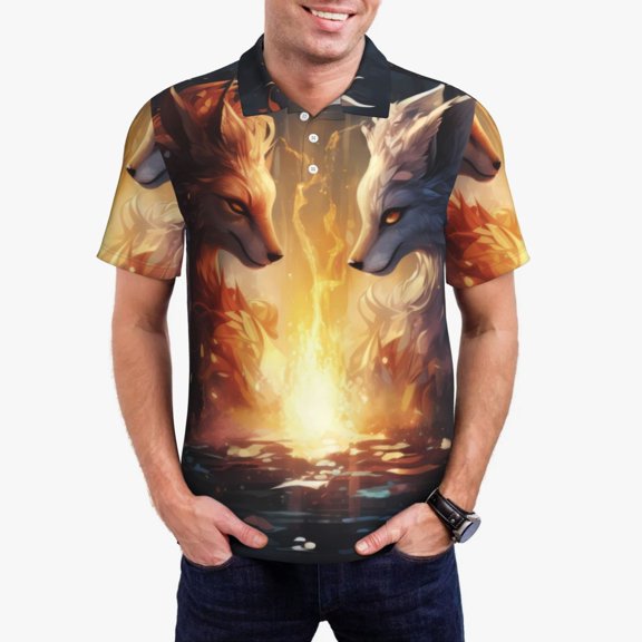 Picia Red And White Flame Fox Print Men's Polo Shirt, Two-Button Closure Pique Polo Shirt, Summer Fashion Golf Shirt-X-Large