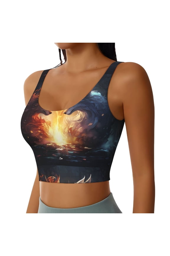 Red And White Flame Fox Sports Bra for Women,Padded Strappy Sports Bras Medium Support Yoga Bra with Removable Cups,Running Yoga Bra-Medium