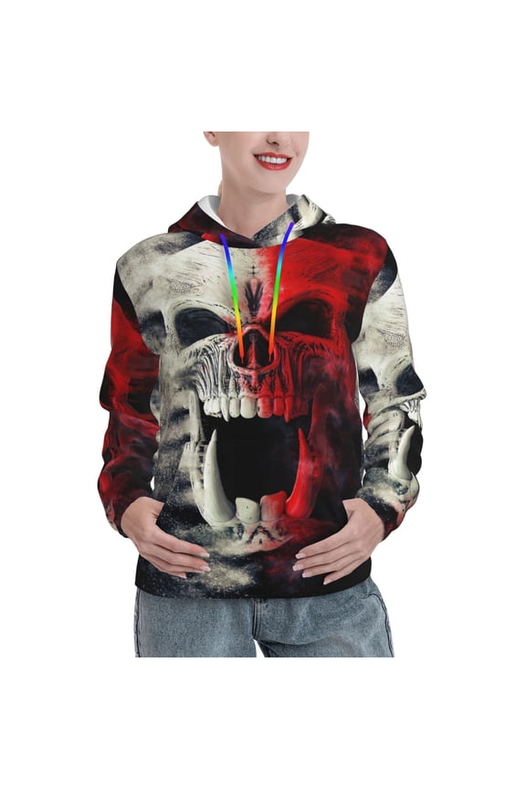 Red And White Screaming Demon Skull Pattern Casual Women's Hoodie, Hooded Sweatshirt with Kangaroo Pocket, Comfortable Pullover with Eye-catching Drawstrings-XX-Large