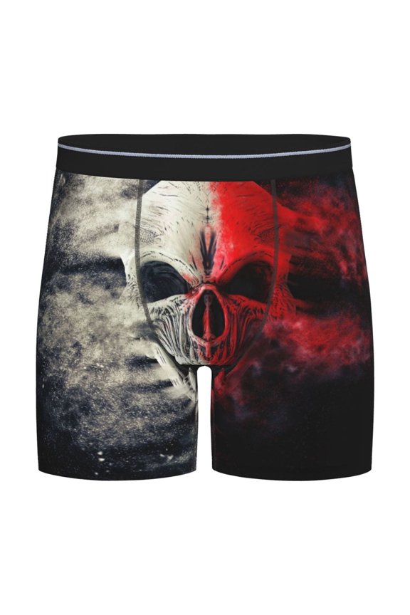 Red And White Screaming Demon Skull Pattern Men's Athletic Long Leg Briefs , Performance Stretch Underwear,Moisture-Wicking