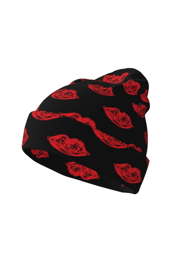 Red Beautiful Lips Pattern Knitted Beanie Hat for Men and Women , Unisex Winter Warm Stretchy Knit Cap Thick Fisherman Beanies Cuffed Plain Skull Caps