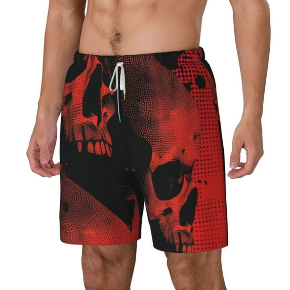 Picia Red And Black Abstract Skull pattern Mens Swim Trunks with Compression Liner Stretch Beach Shorts Quick Dry with Zipper Pockets No-Chafing Board Shorts-Large