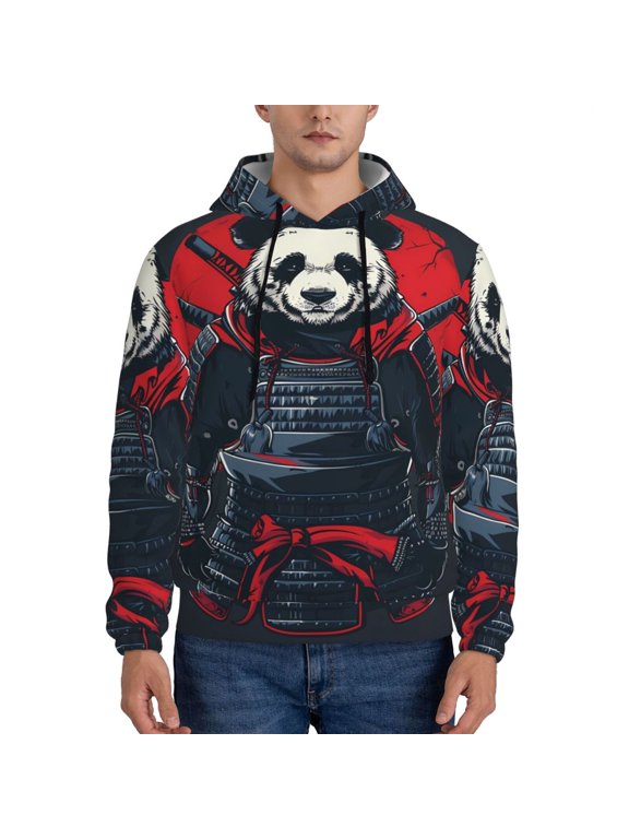 Red Black Eastern Panda Warrior Pattern Casual Men's Hoodie - Lightweight Hooded Sweatshirt with Kangaroo Pocket, Comfortable Pullover for Everyday, Travel-Small