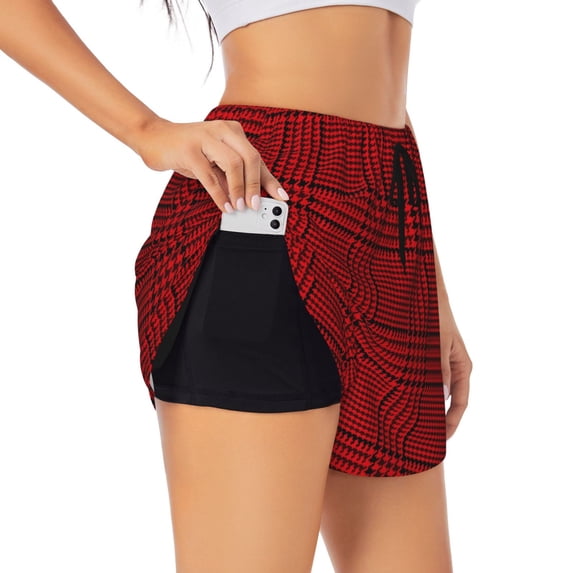Picia Red Black Houndstooth Pattern Women's 2 in 1 Athletic Running Shorts High Waisted Workout Casual Gym Sweat Shorts with Comfy Liner Zipper Pockets-Large