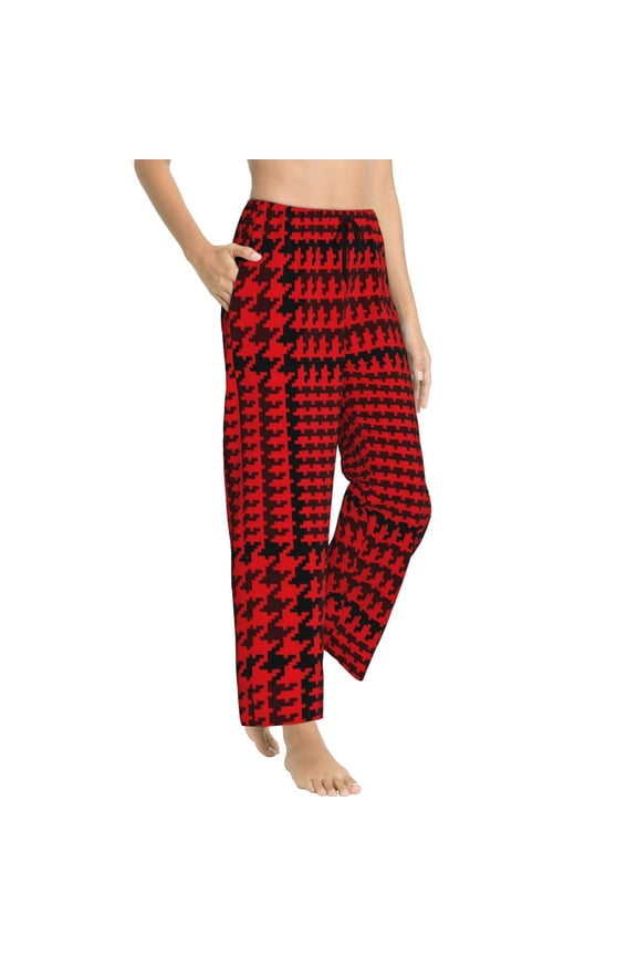 Red Black Houndstooth Womens Soft Woven Cotton Elastic Waistband Sleep Pajama Pant Lounge Sleep Pant With Pockets And Drawstring-Medium