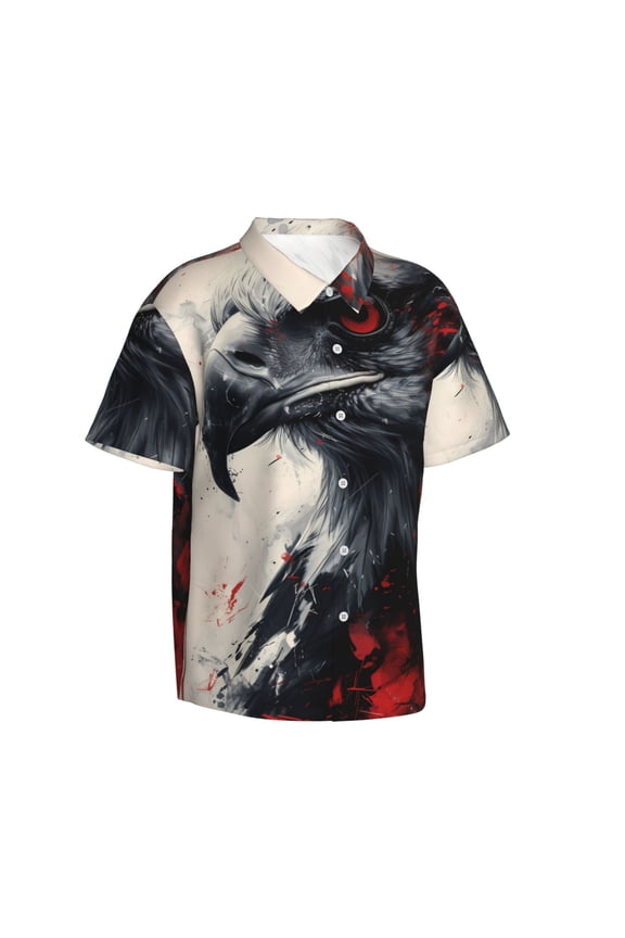 Red Black Ink Style Bald Eagle Gentle Cotton Regular Fit Short Sleeve Casual Hawaiian Shirt for Men-3X-Large
