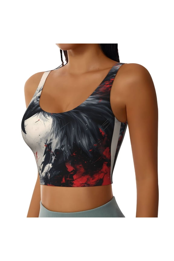 Red Black Ink Style Bald Eagle Sports Bra for Women,Padded Strappy Sports Bras Medium Support Yoga Bra with Removable Cups,Running Yoga Bra-X-Large