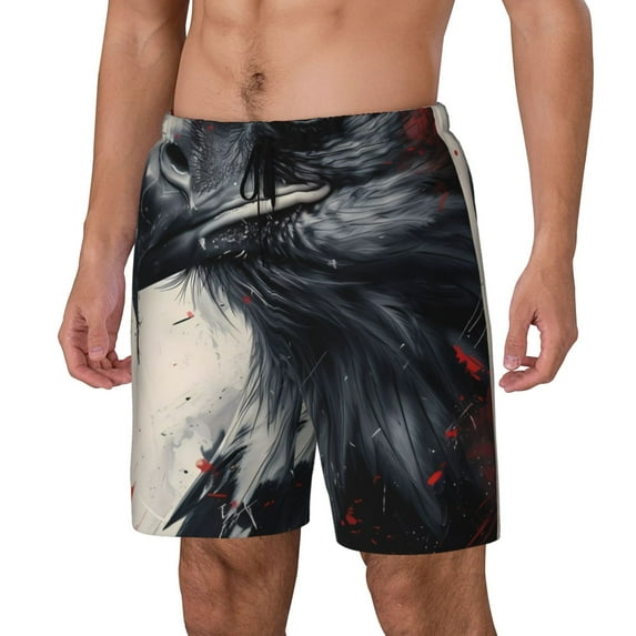 Picia Red Black Ink Style Bald Eagle pattern Mens Swim Trunks with Compression Liner Stretch Beach Shorts Quick Dry with Zipper Pockets No-Chafing Board Shorts-Medium