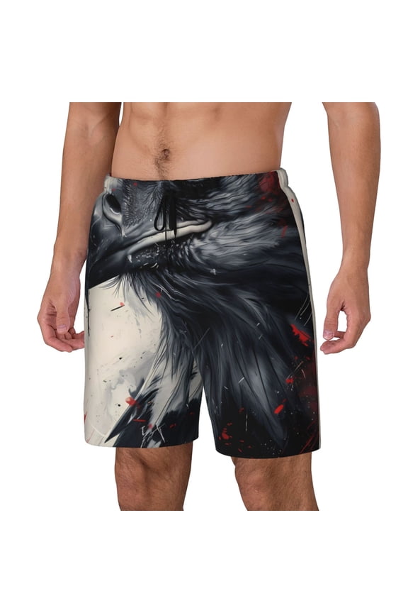 Red Black Ink Style Bald Eagle pattern Mens Swim Trunks with Compression Liner Stretch Beach Shorts Quick Dry with Zipper Pockets No-Chafing Board Shorts-Medium