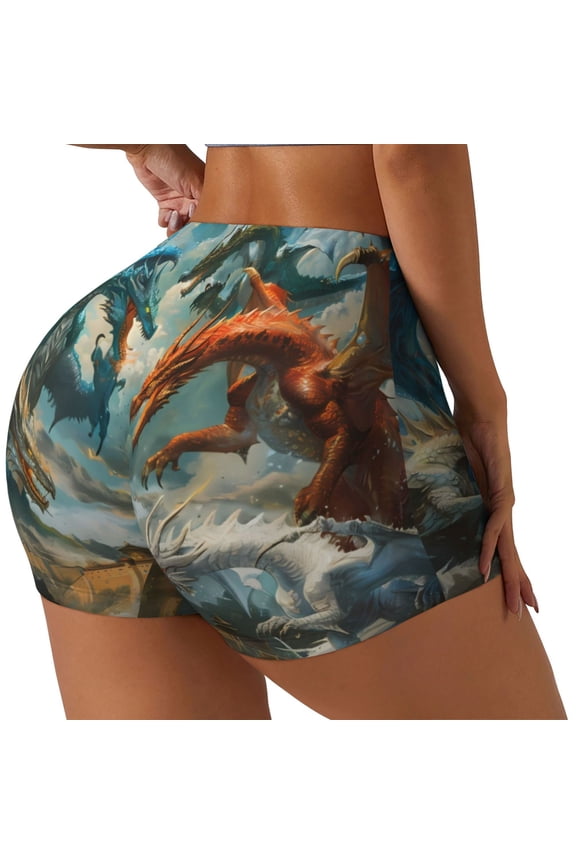 Red Blue Dragon Battle Epic Printed Workout Shorts for Women Seamless Scrunch Butt Lifting High Waisted Yoga Gym Booty Running Moisture-wicking Short Pants-X-Large