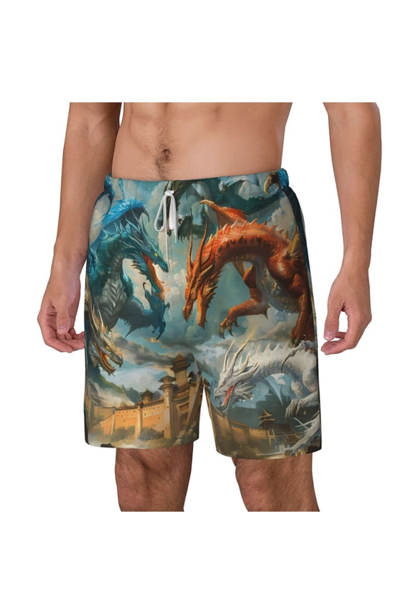 Red Blue Dragon Battle Epic pattern Mens Swim Trunks with Compression Liner Stretch Beach Shorts Quick Dry with Zipper Pockets No-Chafing Board Shorts-Small