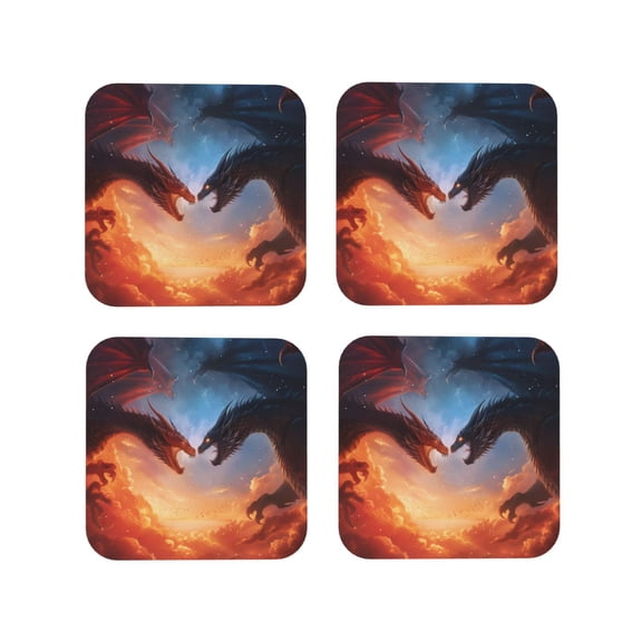 Picia Red And Blue Fire Cloud Dragon Printed Leather Coasters for Drinks, 4" Drink Coasters Set of 4 for Tabletop Protection, Handmade Luxurious Home Décor and Housewarming Gift -Square