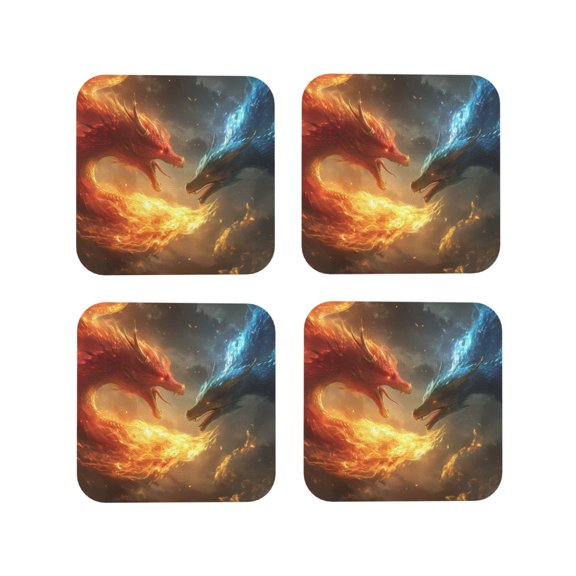 Picia Red And Blue Fire Dragon B Printed Leather Coasters for Drinks, 4" Drink Coasters Set of 4 for Tabletop Protection, Handmade Luxurious Home Décor and Housewarming Gift -Square