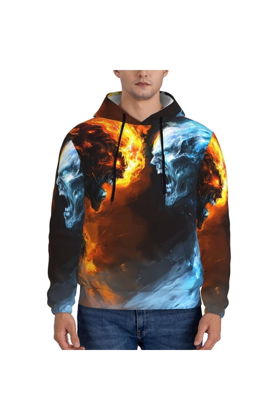 Red And Blue Fire Skull Warrior Pattern Casual Men's Hoodie - Lightweight Hooded Sweatshirt with Kangaroo Pocket, Comfortable Pullover for Everyday, Travel-4X-Large
