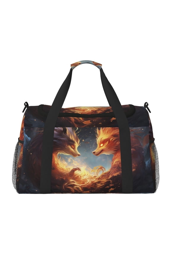 Red And Gray Flame Fox Print Travel Duffle Bag,Weekender Bags for Women with Shoe Compartment, Gym Duffel Bag with Wet Pocket, Hospital Bags for Labor and Delivery