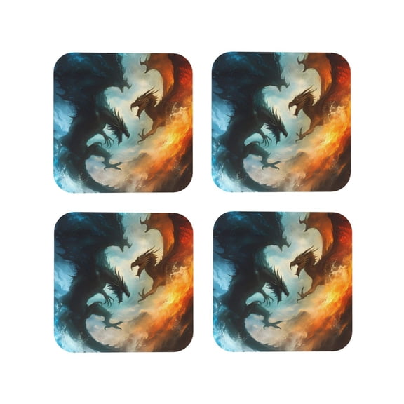 Picia Red And Blue Flame Wave Dragon Printed Leather Coasters for Drinks, 4" Drink Coasters Set of 4 for Tabletop Protection, Handmade Luxurious Home Décor and Housewarming Gift -Square