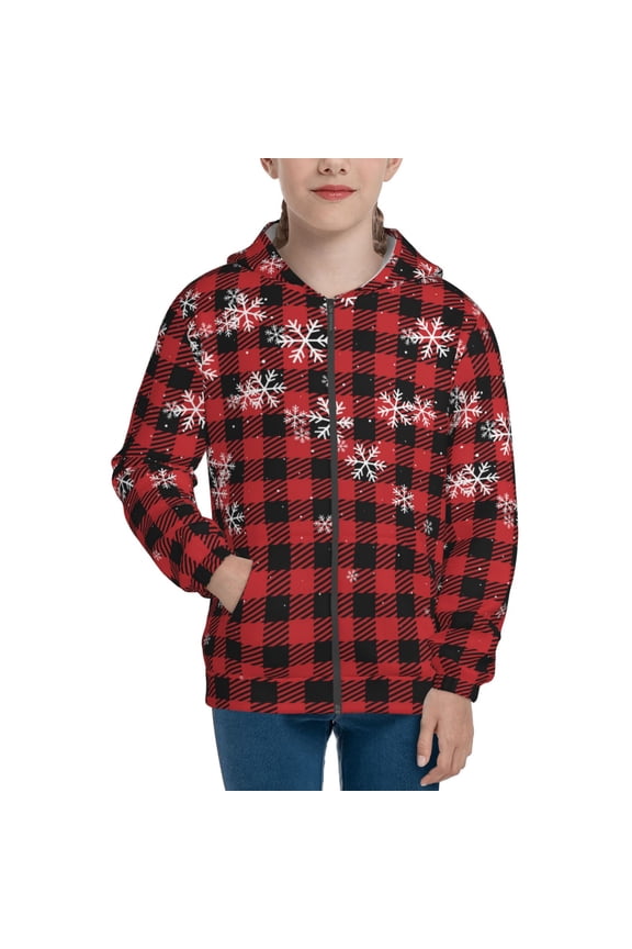 Red Buffalo Plaid for Boys Fashion Full-zip Hoodies & Sweatshirts with Kangaroo Pocket,Zip-up Hooded Sweatshirt for Kid, Moisture Wicking & Breathable-Medium