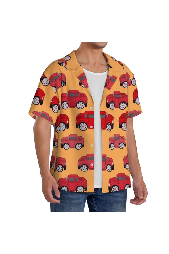 Red Cars Men's Linen Shirts Short Sleeve Cuban Beach Shirts Casual Shirts Button Down Shirt for Men Beach Summer Wedding Shirt-Large
