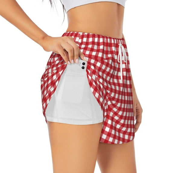 Picia Red Checkboard Pattern Women's 2 in 1 Athletic Running Shorts High Waisted Workout Casual Gym Sweat Shorts with Comfy Liner Zipper Pockets-XX-Large